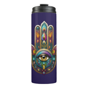 Garrafa Térmica Cores de Pavão Hamsa com Terceiro Olho Dourado