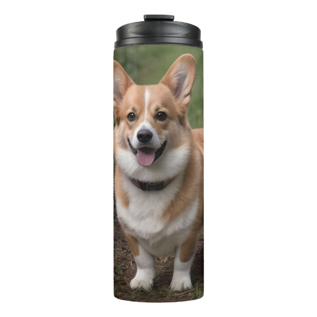 Garrafa Térmica Corgi Nas Rosas Rosa, (Frente)