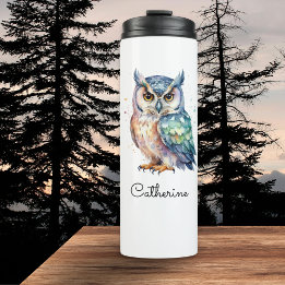 Garrafa Térmica Coruja de Chifre Aquarela Personalizada