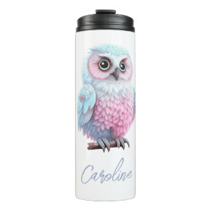 Garrafa Térmica Coruja de desenho animado rosa e azul pastel fofa