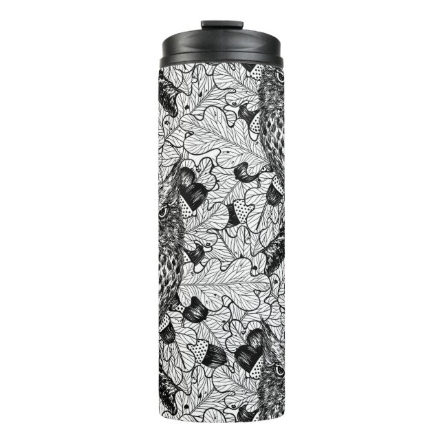 Garrafa Térmica Corujas de carvalho, preto e branco (Frente)