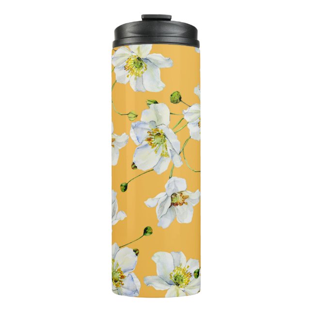 Garrafa Térmica Cosmos, aquarela, uniforme, padrão floral. (Frente)