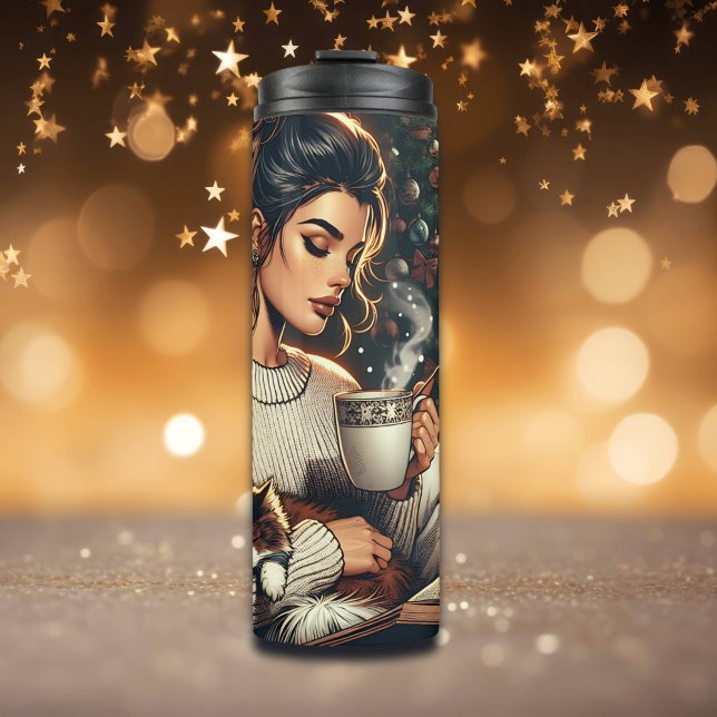 Garrafa Térmica Cozy Scene | Cacau Bebendo feminino com Gato (Criador carregado)