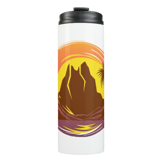 Garrafa Térmica Crachá com paisagem vulcânica tropical e palmeiras (Frente)