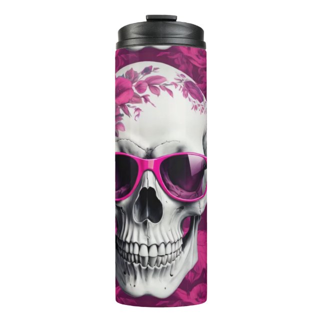 Garrafa Térmica Crânio 3D com design floral fuchsia e óculos de so (Frente)