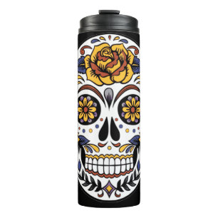 Garrafa Térmica Crânio de Rosa Amarelo em Preto