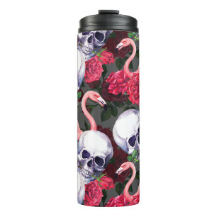 Garrafa Térmica Crânio floral, padrão uniforme de flamingo.