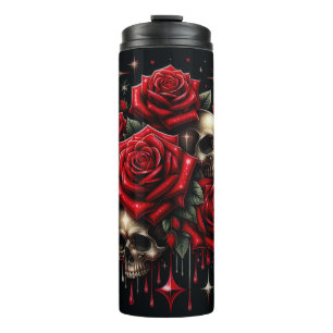 Garrafa Térmica Crânios Dourados & Rosas Vermelhas Brilham com Gla