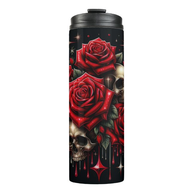 Garrafa Térmica Crânios Dourados & Rosas Vermelhas Brilham com Gla (Frente)