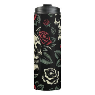 Garrafa Térmica Crânios & Rosas Vermelhas Floral Gótico