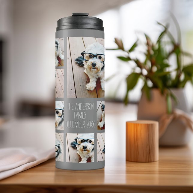 Garrafa Térmica Criar uma Colagem de Fotos Personalizada com 8 Fot (Personalized bottle with photos and text)