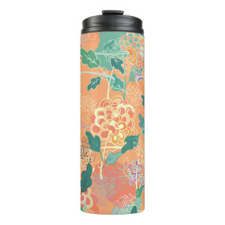 Garrafa Térmica crisântemo chinês: padrão laranja floral.