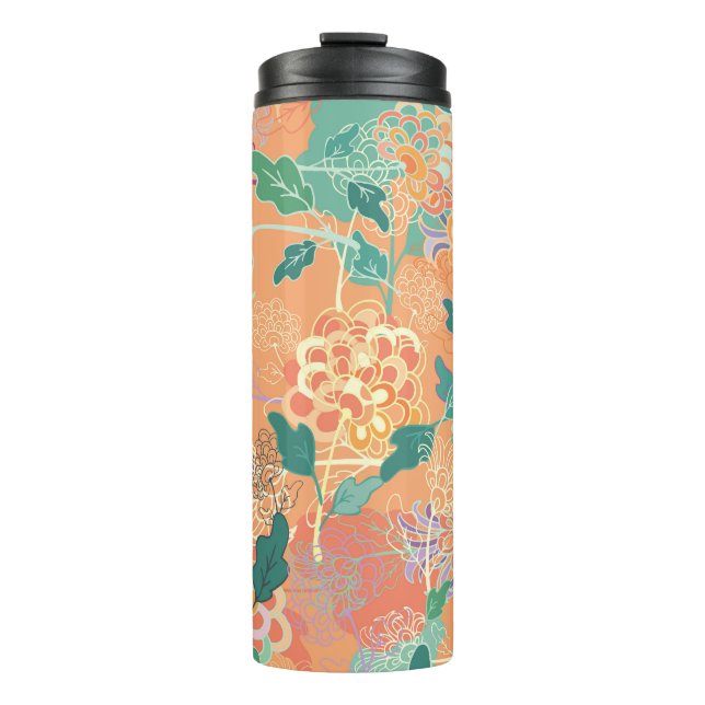 Garrafa Térmica crisântemo chinês: padrão laranja floral. (Frente)