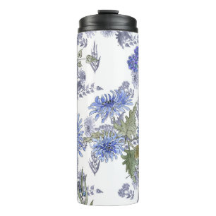 Garrafa Térmica Crossântemas azuis, aquarela