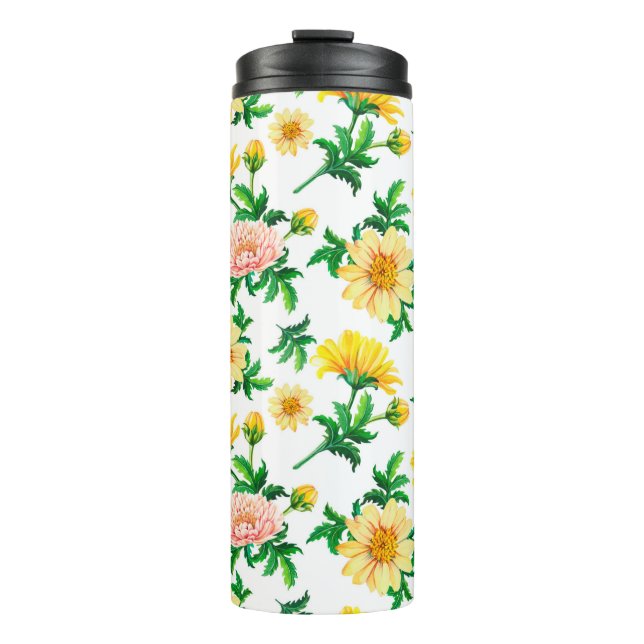 Garrafa Térmica Crysântemos de aquarela. Flores amarelas com grão (Frente)