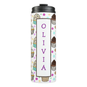 Garrafa Térmica Cupcakes roxos e rosa personalizados