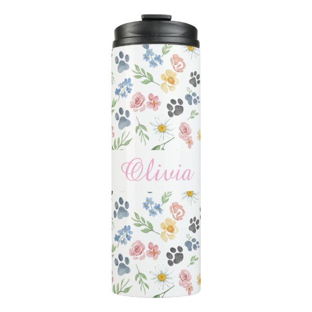 Garrafa Térmica Customizable Name Floral Paw Print Thermal Tumbler (Frente)