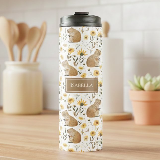 Garrafa Térmica Cute Capybara (cute capybara floral sunflowers thermal tumbler, personalized gift for girls,custom gift for runners)