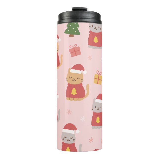 Garrafa Térmica Cute Christmas Cats Pattern – Pink Holiday Design (Frente)