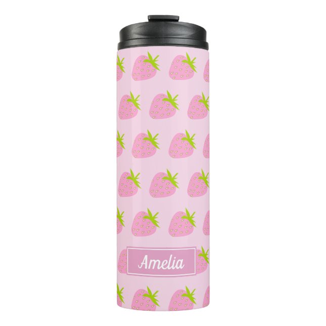 Garrafa Térmica Cute Girly Pink Strawberry Pattern Personalised (Frente)