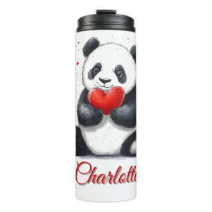 Garrafa Térmica Cute Panda Segurando Coração com Nome Personalizáv