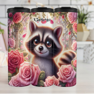 Garrafa Térmica Cute Raccoon em um Jardim Rosa