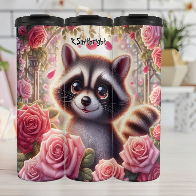 Garrafa Térmica Cute Raccoon em um Jardim Rosa (Criador carregado)