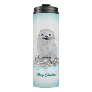 Garrafa Térmica Cute White Baby Sea Otter , Merry Christmas