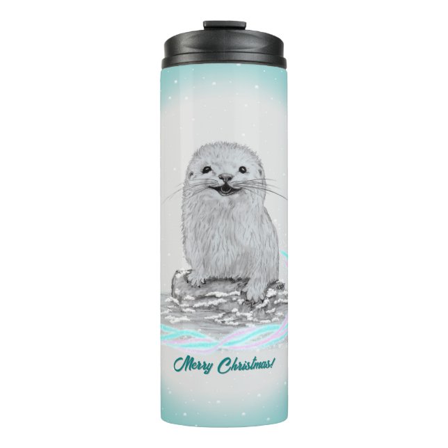 Garrafa Térmica Cute White Baby Sea Otter , Merry Christmas (Frente)
