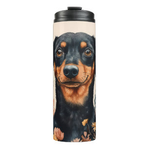 Garrafa Térmica Dachshund Bonito com Pintura de Flores Selvagens