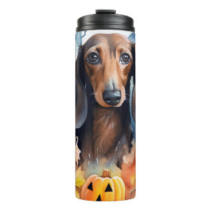 Garrafa Térmica Dachshund Halloween Com Pumpkins Assustado