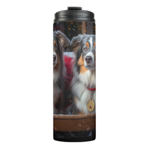 Garrafa Térmica Decoração de Natal Australian Shepherd Snowy Sleig
