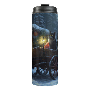 Garrafa Térmica Decoração de Natal Black Cat Snowy Sleigh Ride
