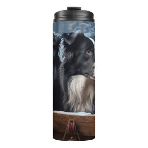 Garrafa Térmica Decoração de Natal Border Collie Snowy Sleigh