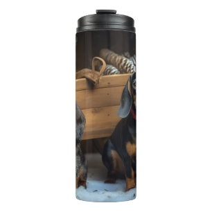 Garrafa Térmica Decoração de Natal Dachshund Snowy Sleigh