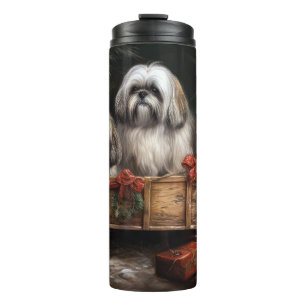 Garrafa Térmica Decoração de Natal de Lhasa Apso Snowy Sleigh