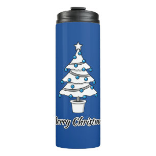 Garrafa Térmica Decorações Azuis da Árvore de Natal Branco - Feliz