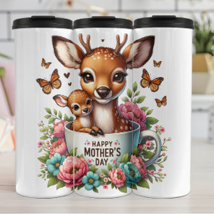 Garrafa Térmica Deer Mãe: Fawn, Flores, Dia de as mães