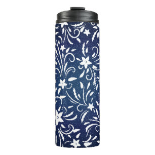 Garrafa Térmica Denim Blooms: Padrão Floral Fundo