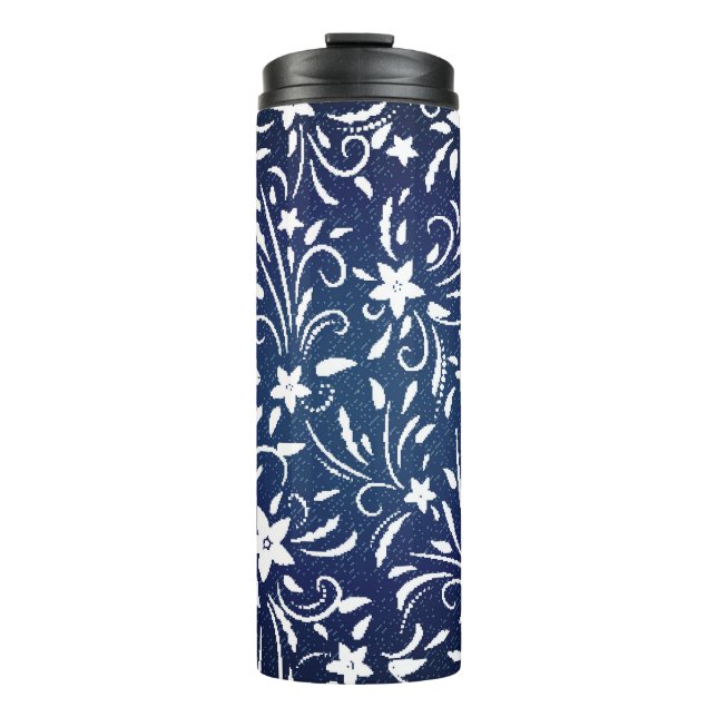Garrafa Térmica Denim Blooms: Padrão Floral Fundo (Frente)