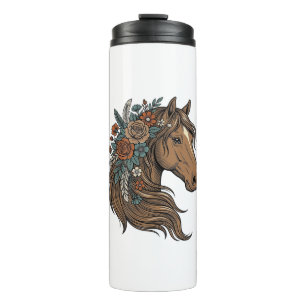 Garrafa Térmica Desenho Vetorial de Cabeça de Cavalo Floral Vintag