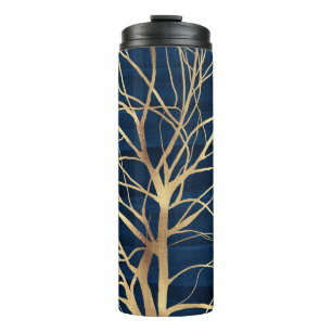 Garrafa Térmica Design azul mínimo de silhueta de árvore Dourada