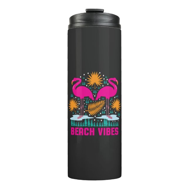 Garrafa Térmica Design de Flamingos Rosa Vibes de Praia (Frente)