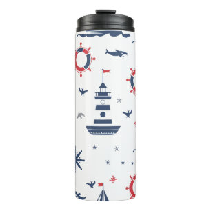 Garrafa Térmica Design náutica azul, branco e vermelho