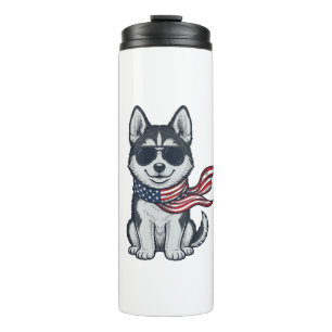 Garrafa Térmica Design Vetorial de Cachorro Husky Patriótico Vinta