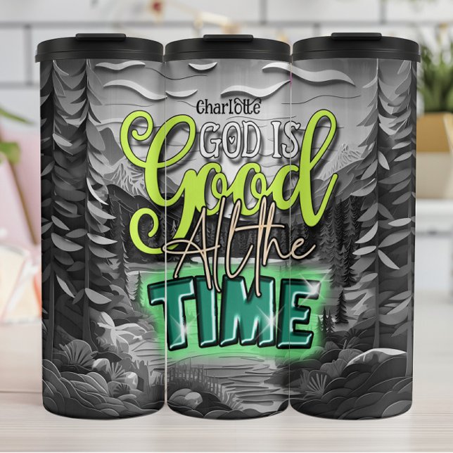 Garrafa Térmica Deus é bom: Floresta em Escala de Cinza (Criador carregado)