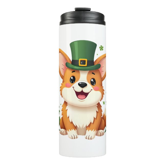 Garrafa Térmica Dia de São Patrício Feliz do Corgi Lover Shamrock (Frente)