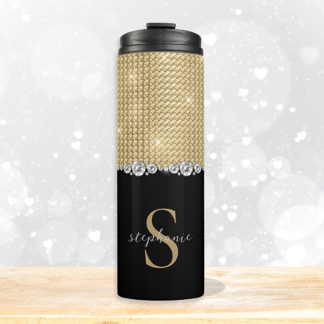 Garrafa Térmica Diamantes Monograma Dourado Luxo Negro sofisticado (Diamonds Monogram Gold Black Luxury Sophisticated Thermal Tumbler)