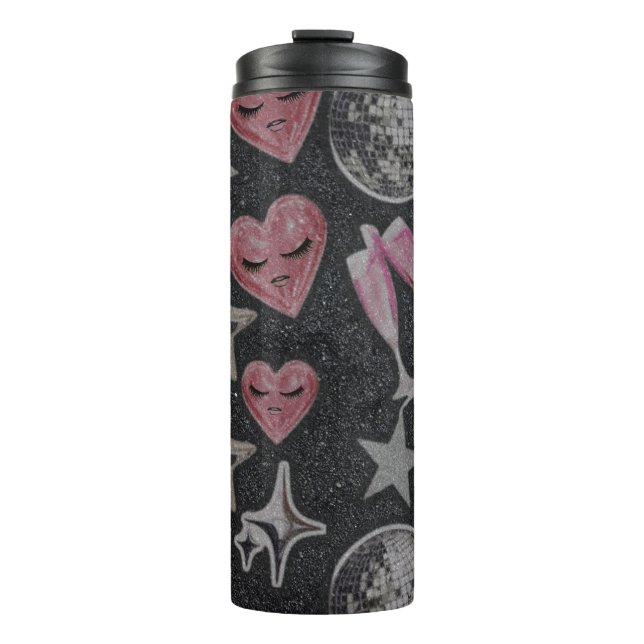 Garrafa Térmica Disco Hearts Travel Tumbler – Chic Glam Drinkware (Frente)
