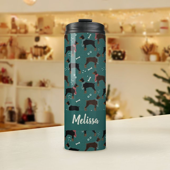 Garrafa Térmica Dobermanes vermelhos e negros em Escarpões Padrão  (Winter Dobermans Thermal Tumbler )